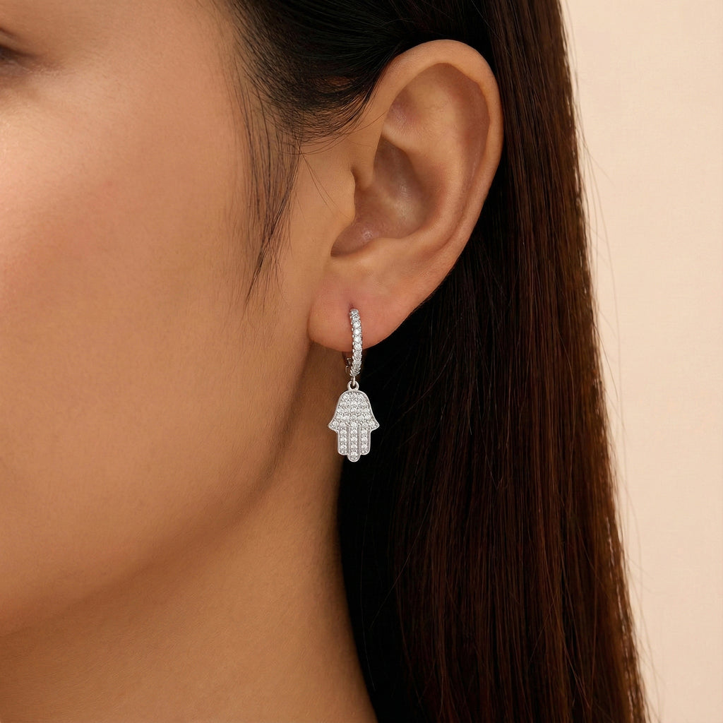 925 Sterling Silver Hamsa Hand Pavé Zircon Huggie Hoop Earrings 60300217
