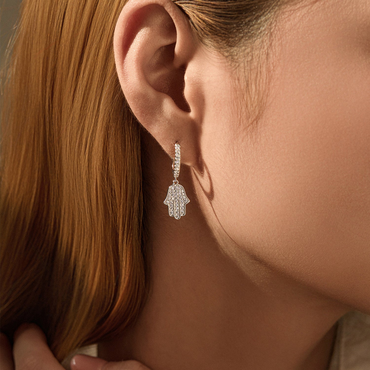 925 Sterling Silver Hamsa Hand Pavé Zircon Huggie Hoop Earrings 60300217