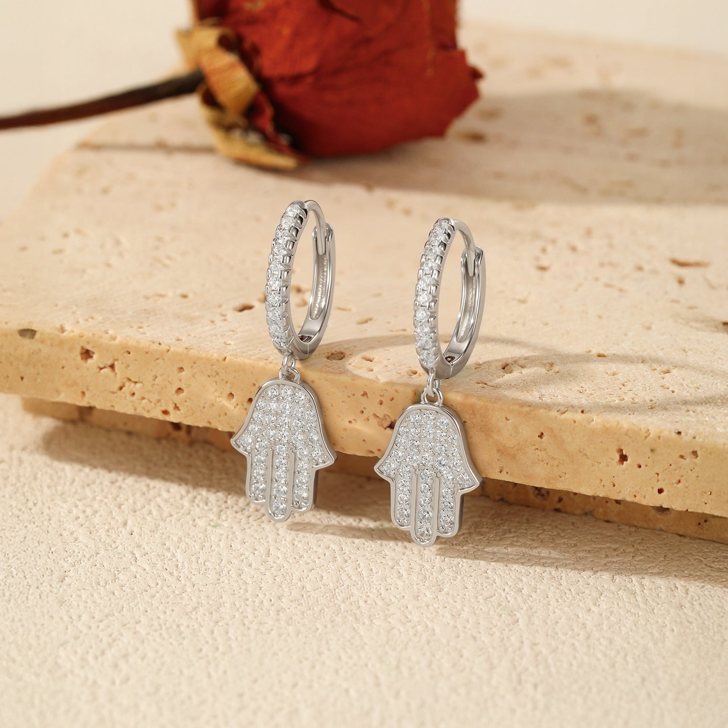 925 Sterling Silver Hamsa Hand Pavé Zircon Huggie Hoop Earrings 60300217