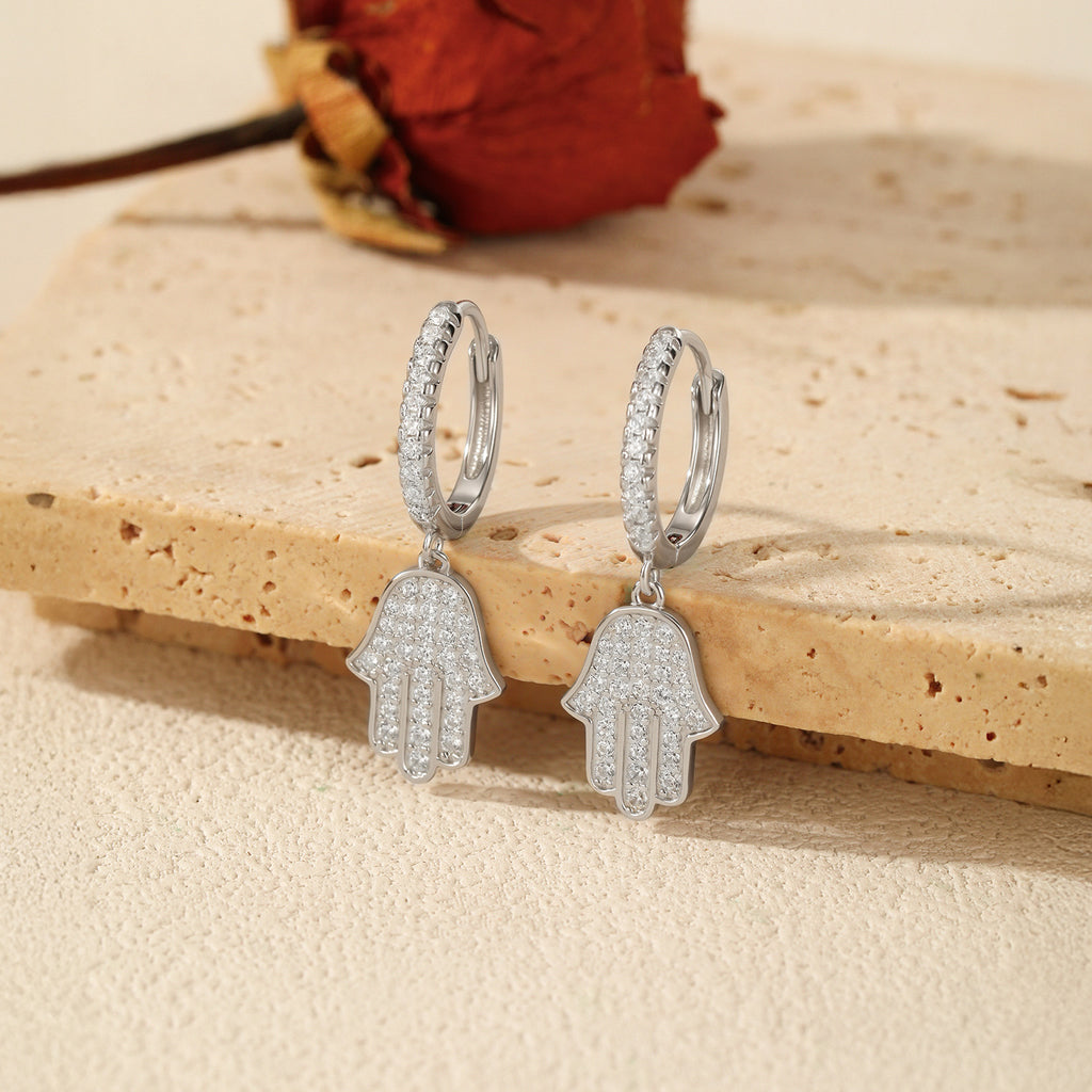 925 Sterling Silver Hamsa Hand Pavé Zircon Huggie Hoop Earrings 60300217