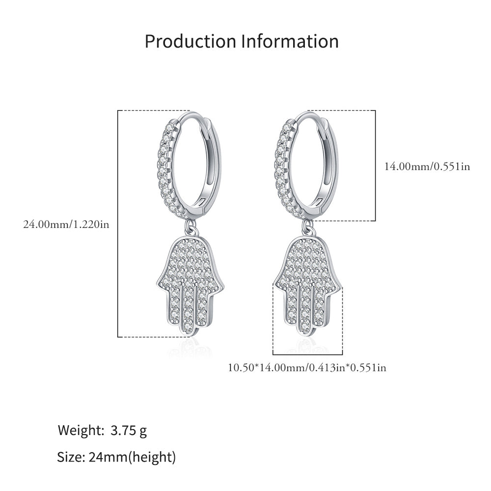 925 Sterling Silver Hamsa Hand Pavé Zircon Huggie Hoop Earrings 60300217