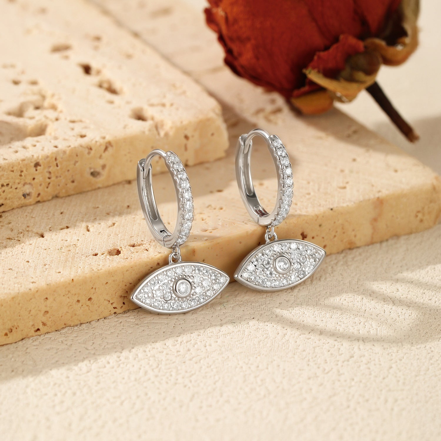 925 Sterling Silver Evil Eye Pavé Zircon Huggie Hoop Earrings 60300219