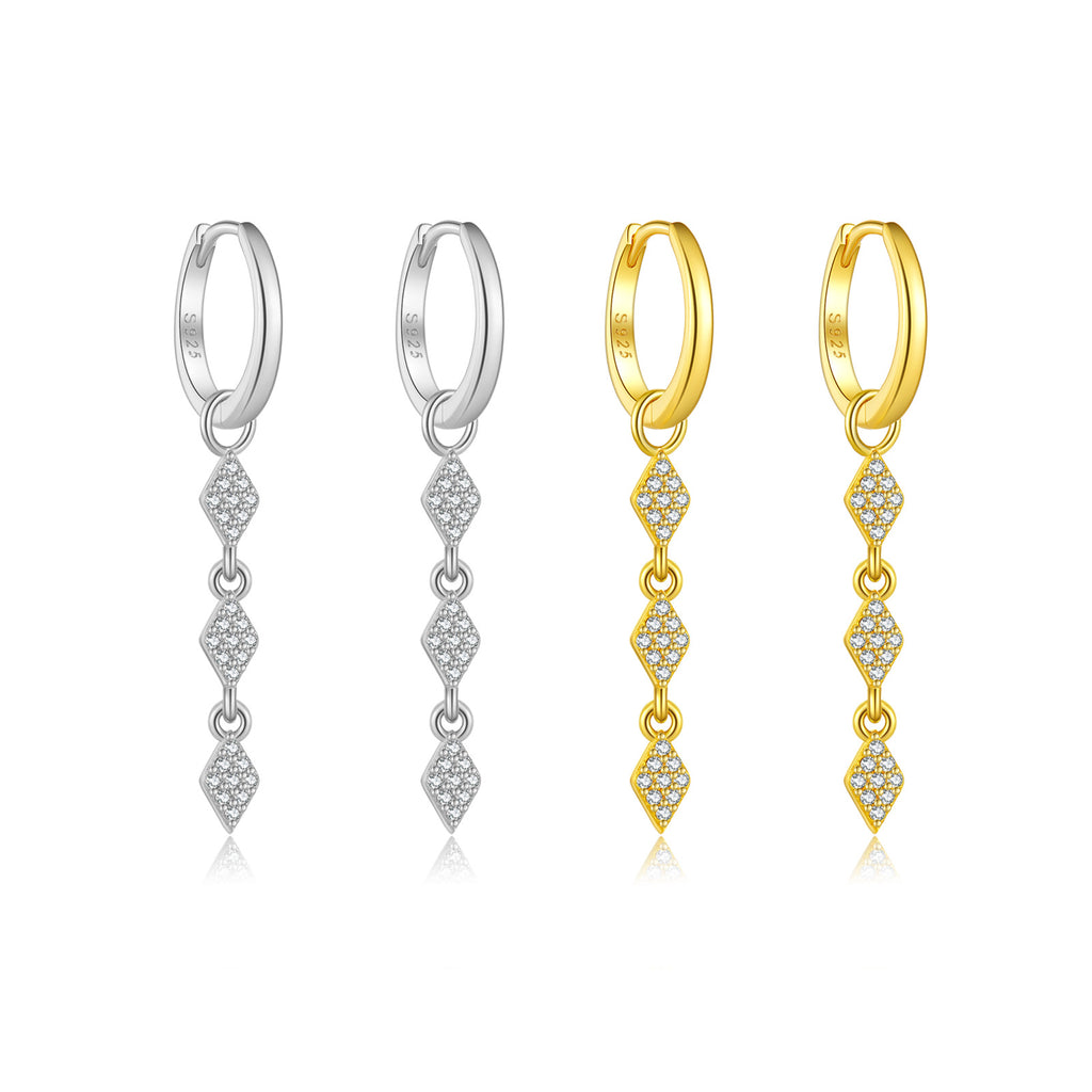 925 Sterling Silver Geometric Rhombus CZ Drop Huggie Earrings 60300224
