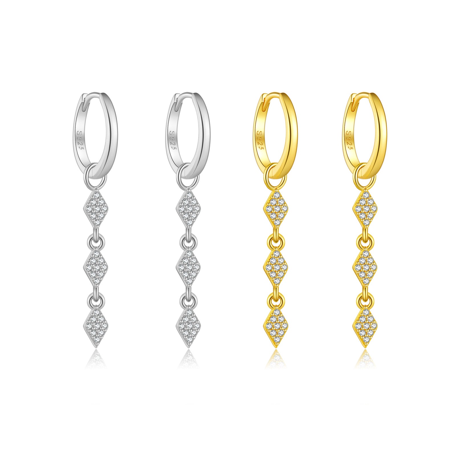 925 Sterling Silver Geometric Rhombus CZ Drop Huggie Earrings 60300224