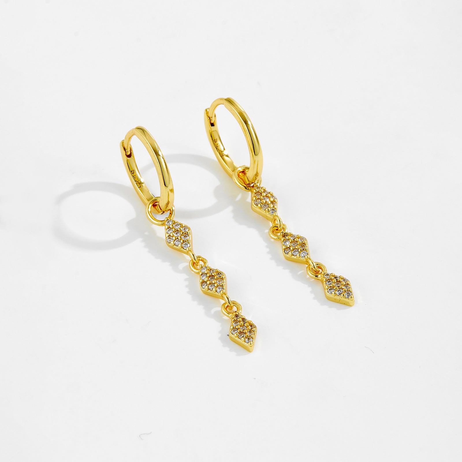 925 Sterling Silver Geometric Rhombus CZ Drop Huggie Earrings 60300224
