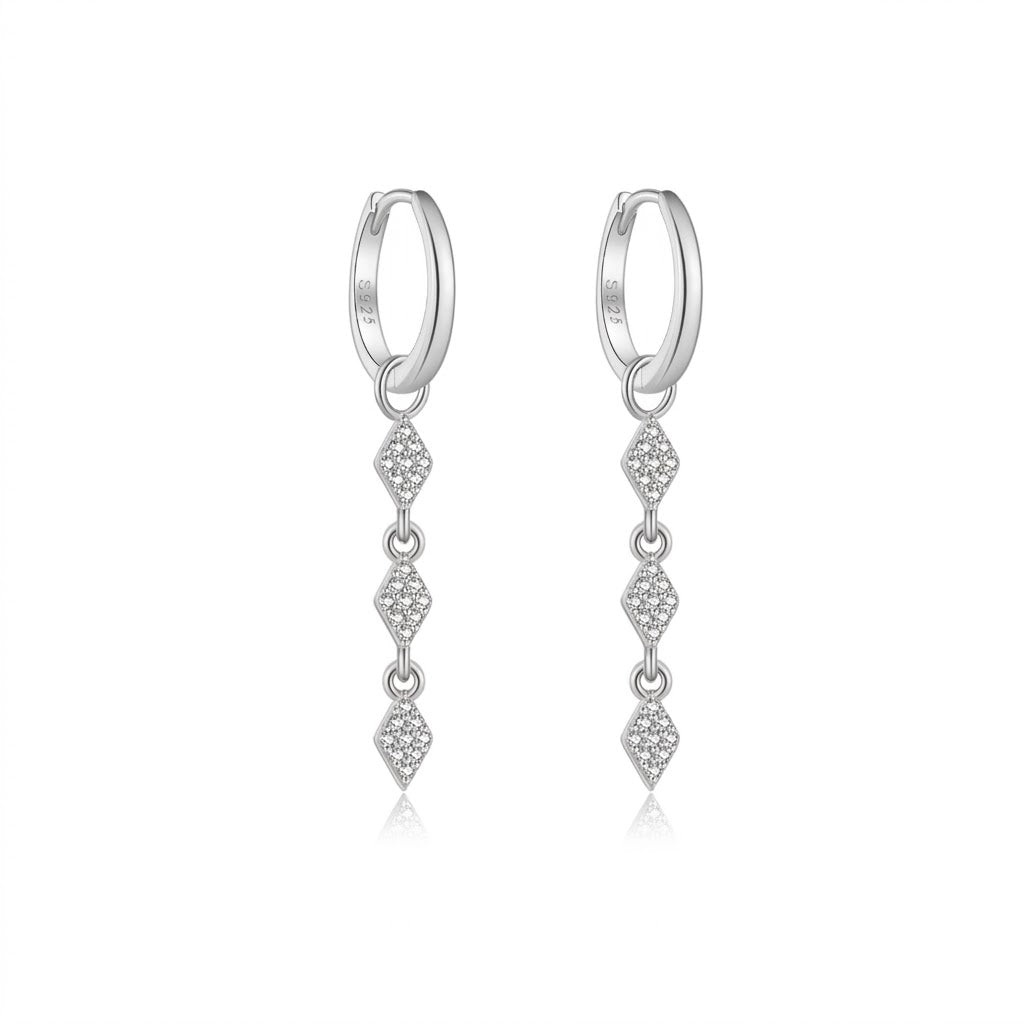 925 Sterling Silver Geometric Rhombus CZ Drop Huggie Earrings 60300224