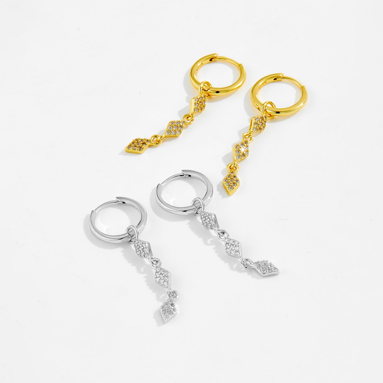925 Sterling Silver Geometric Rhombus CZ Drop Huggie Earrings 60300224