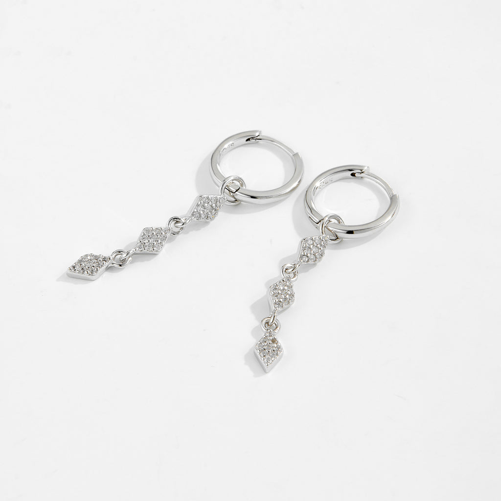 925 Sterling Silver Geometric Rhombus CZ Drop Huggie Earrings 60300224