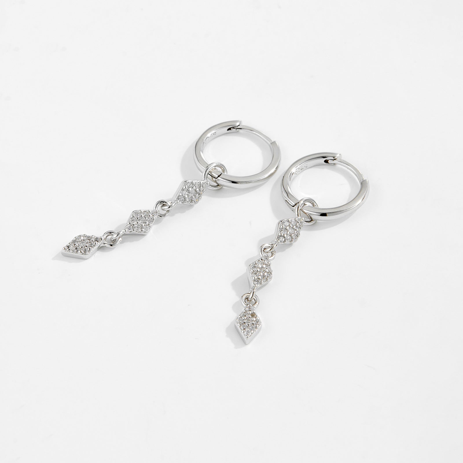 925 Sterling Silver Geometric Rhombus CZ Drop Huggie Earrings 60300224