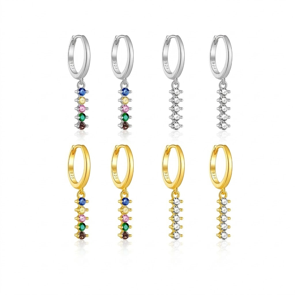 925 Sterling Silver Rainbow CZ Linear Drop Huggie Earrings 60300226