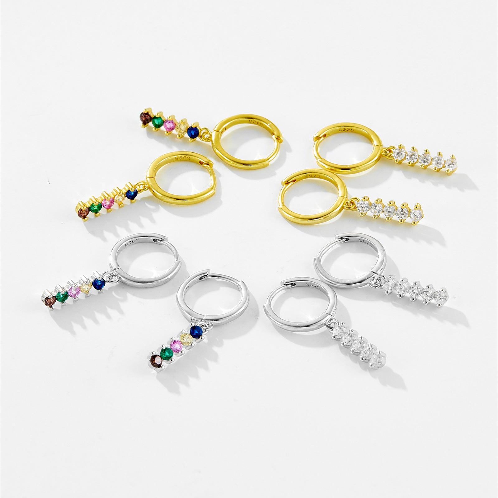 925 Sterling Silver Rainbow CZ Linear Drop Huggie Earrings 60300226