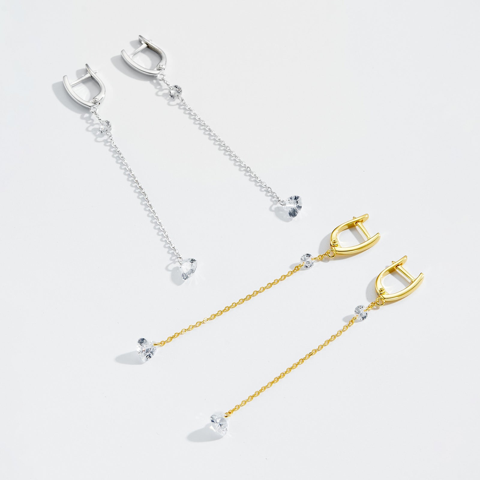 925 Sterling Silver Heart CZ Linear Chain Drop Earrings 60300229