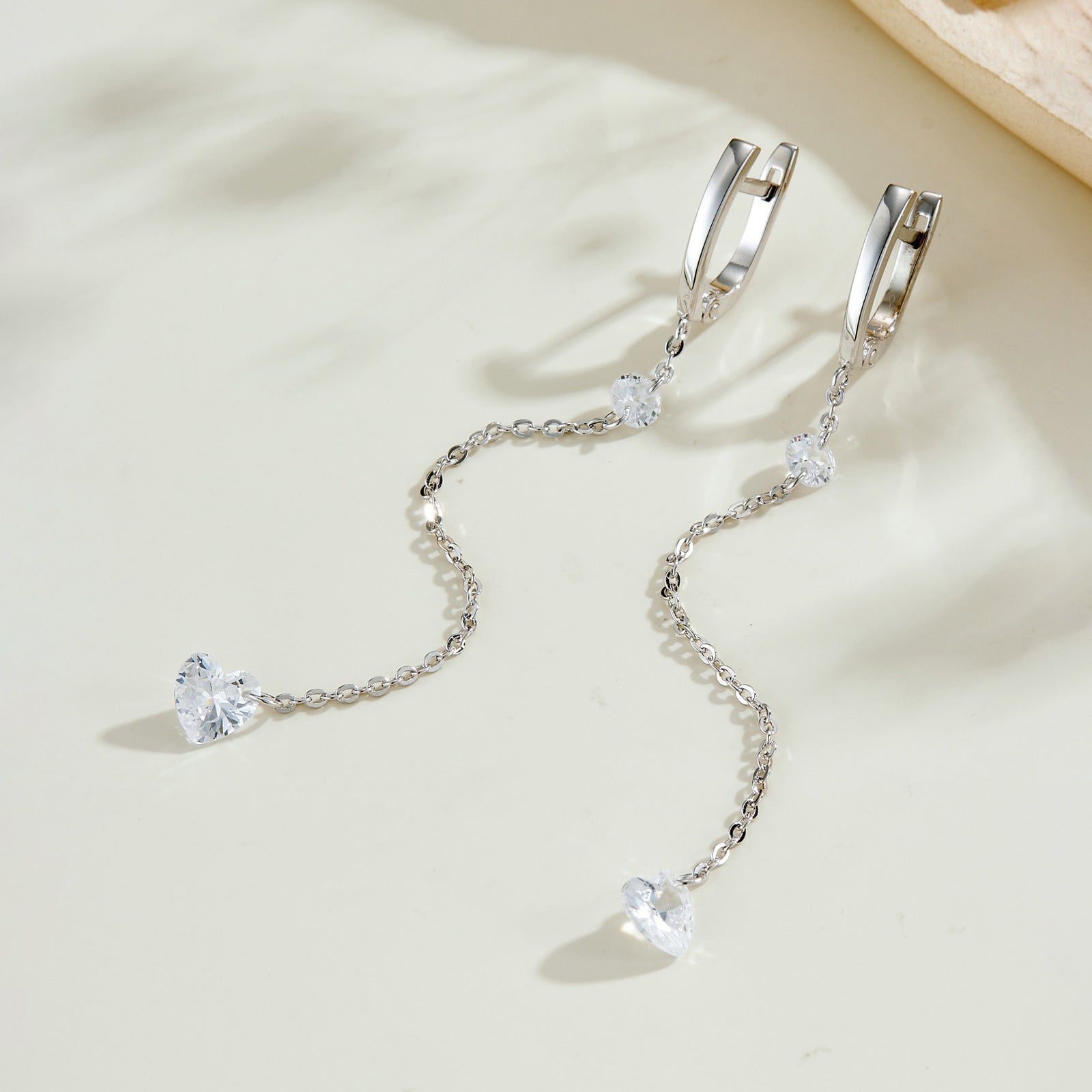 925 Sterling Silver Heart CZ Linear Chain Drop Earrings 60300229