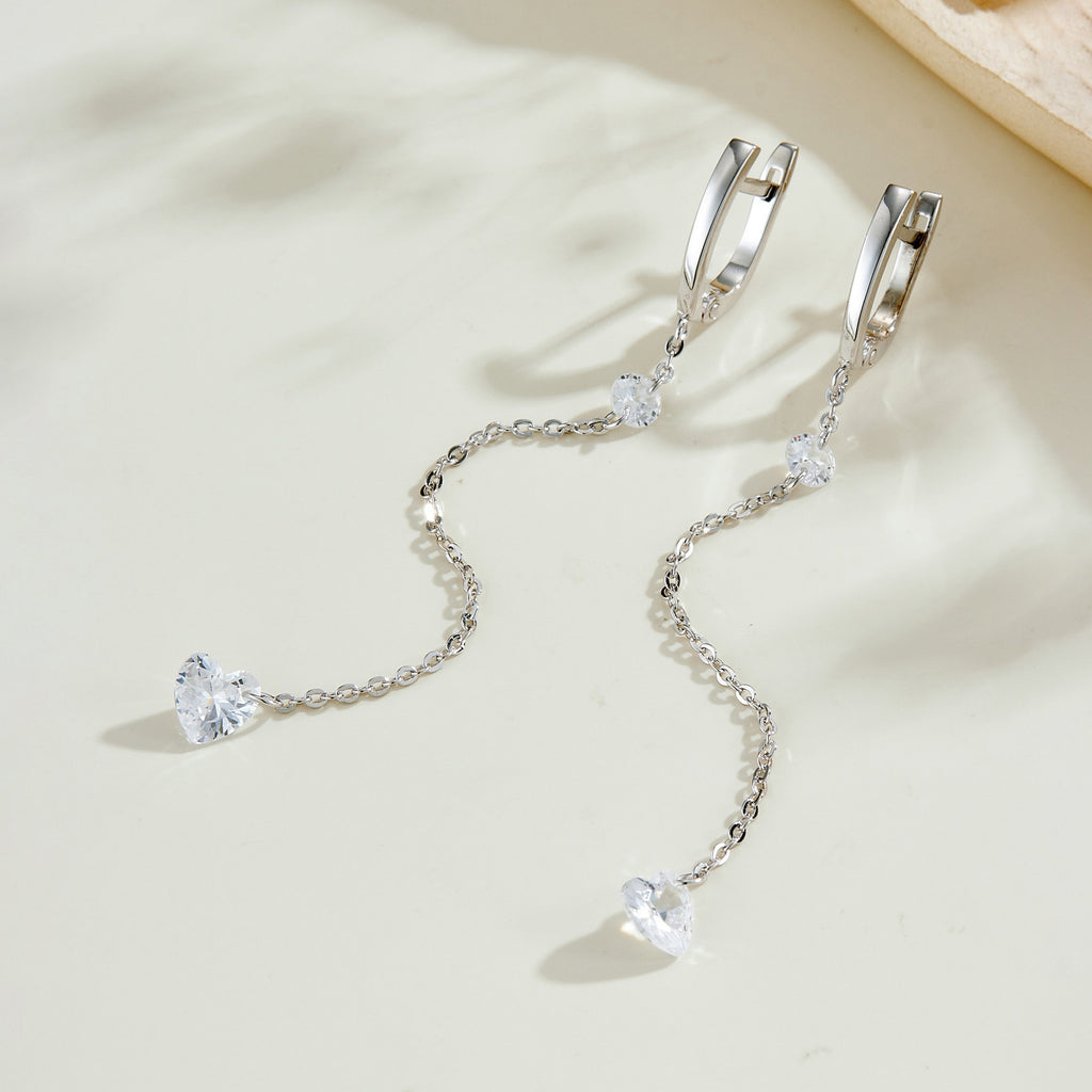 925 Sterling Silver Heart CZ Linear Chain Drop Earrings 60300229
