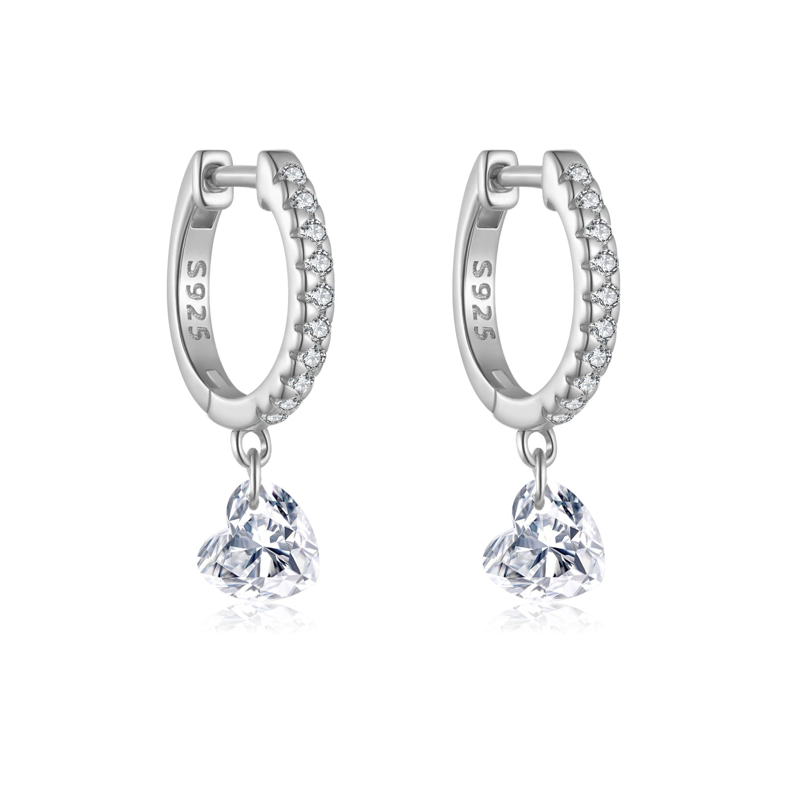 925 Sterling Silver Pavé Huggie Hoop with CZ Heart Drop Earrings 60300230
