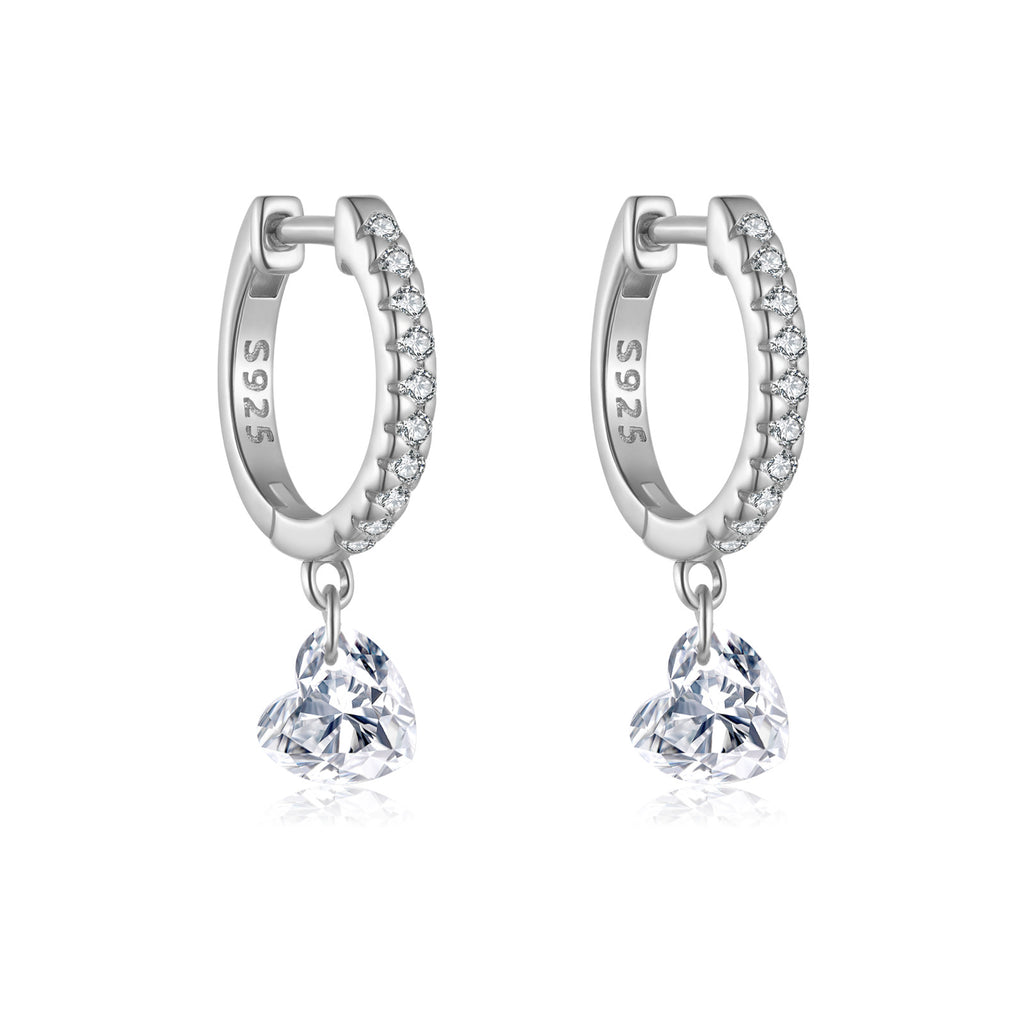 925 Sterling Silver Pavé Huggie Hoop with CZ Heart Drop Earrings 60300230