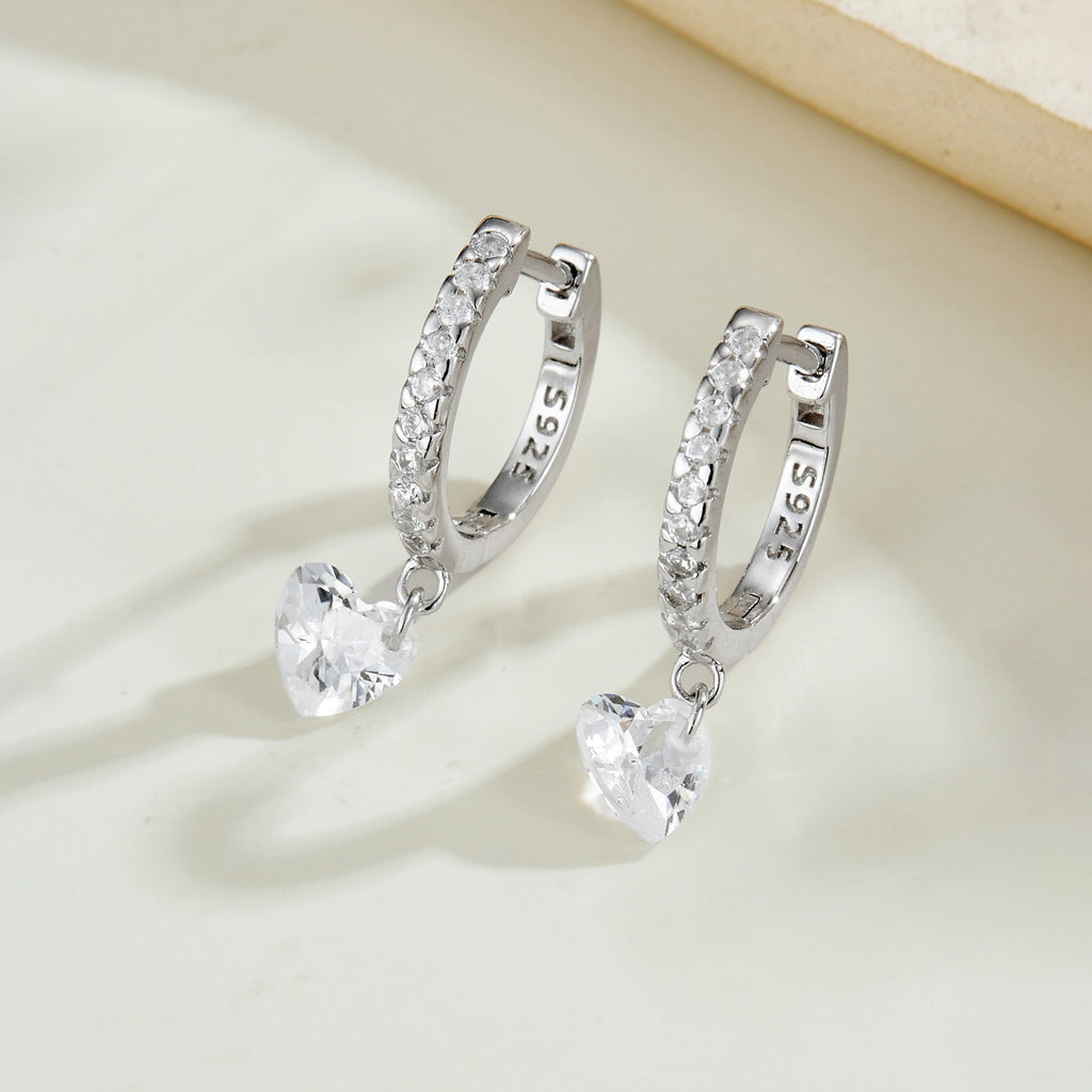 925 Sterling Silver Pavé Huggie Hoop with CZ Heart Drop Earrings 60300230