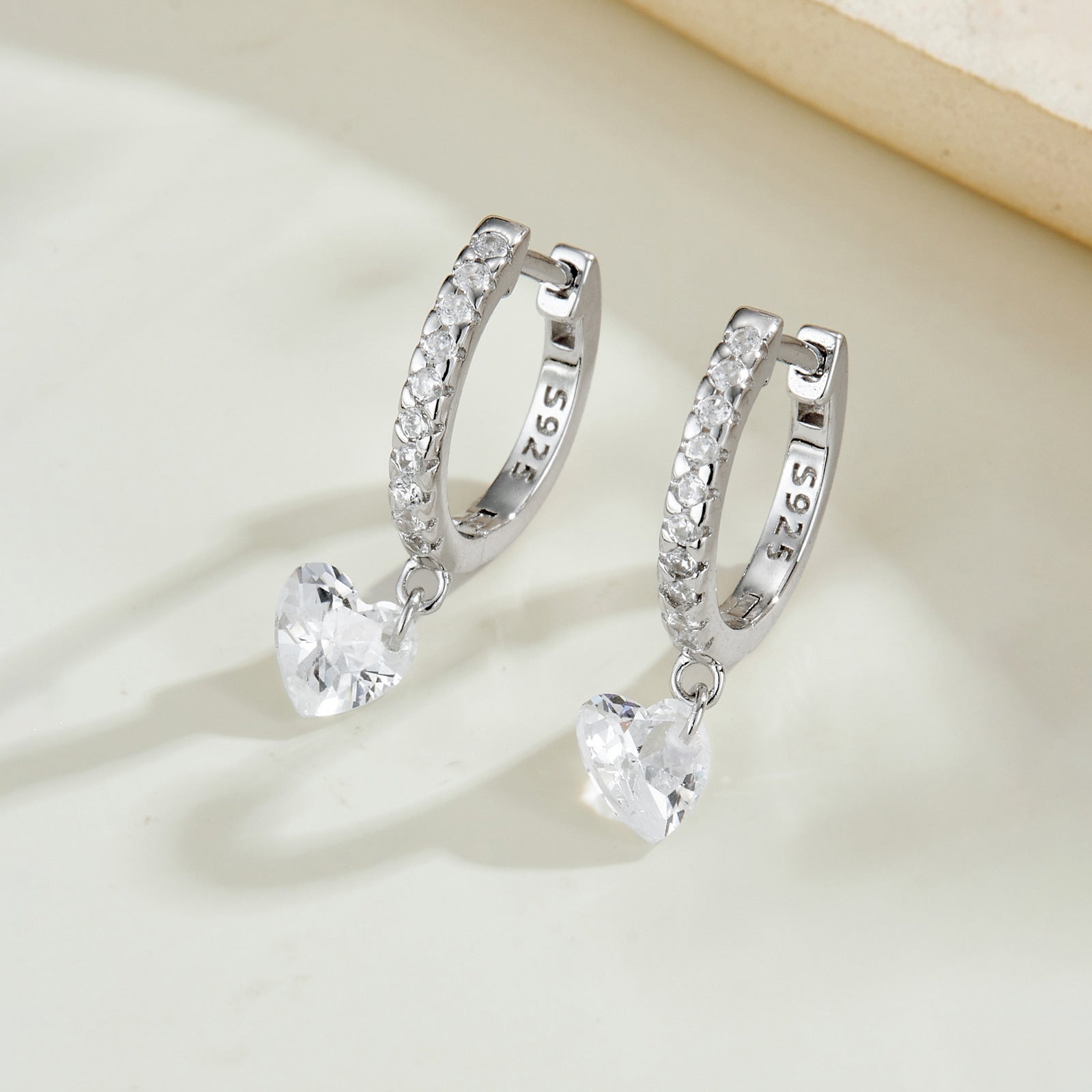 925 Sterling Silver Pavé Huggie Hoop with CZ Heart Drop Earrings 60300230