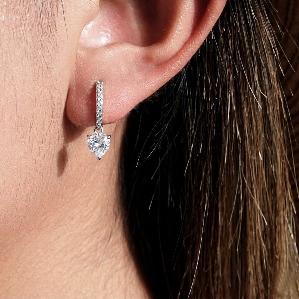 925 Sterling Silver Pavé Huggie Hoop with CZ Heart Drop Earrings 60300230