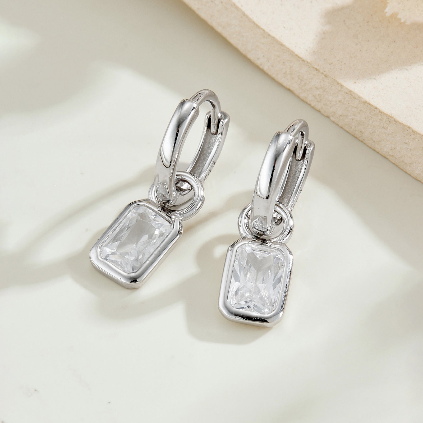 925 Sterling Silver Emerald Cut CZ Dangle Hoop Earrings 60300231