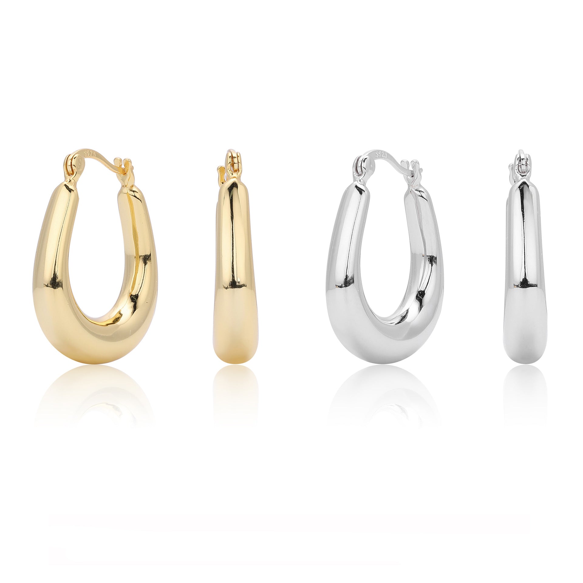 925 Sterling Silver Minimalist Oval Tapered Hollow Hoop Earrings 60400028