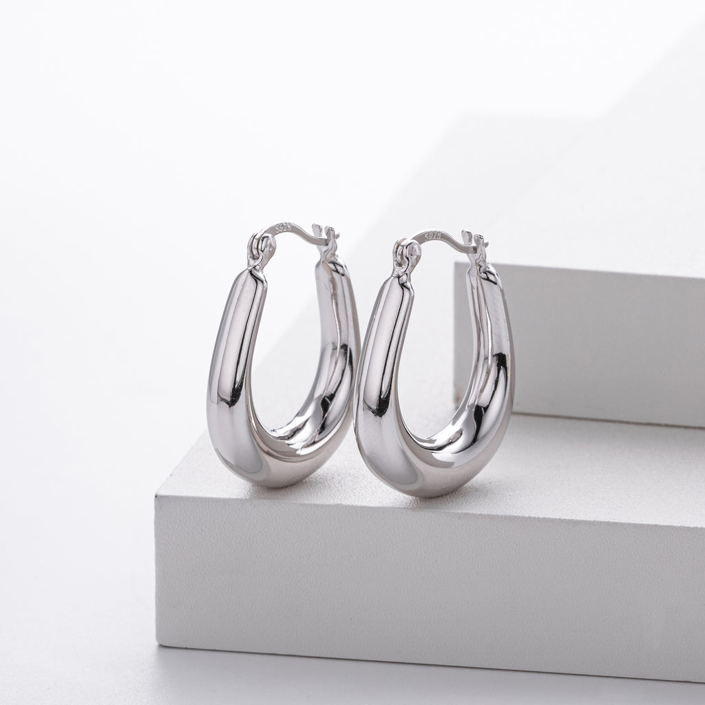 925 Sterling Silver Minimalist Oval Tapered Hollow Hoop Earrings 60400028