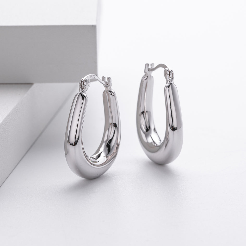 925 Sterling Silver Minimalist Oval Tapered Hollow Hoop Earrings 60400028