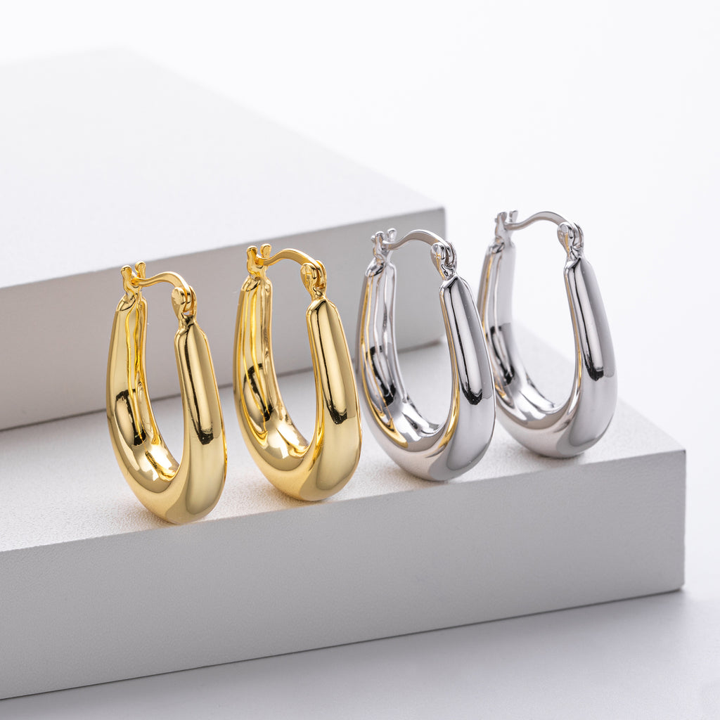 925 Sterling Silver Minimalist Oval Tapered Hollow Hoop Earrings 60400028