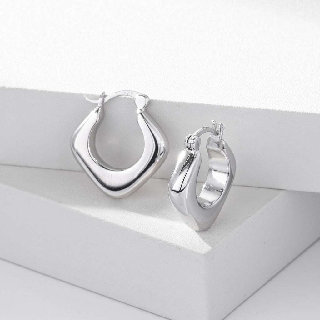 925 Sterling Silver Geometric Rhombus Hollow Hoop Earrings 60400031