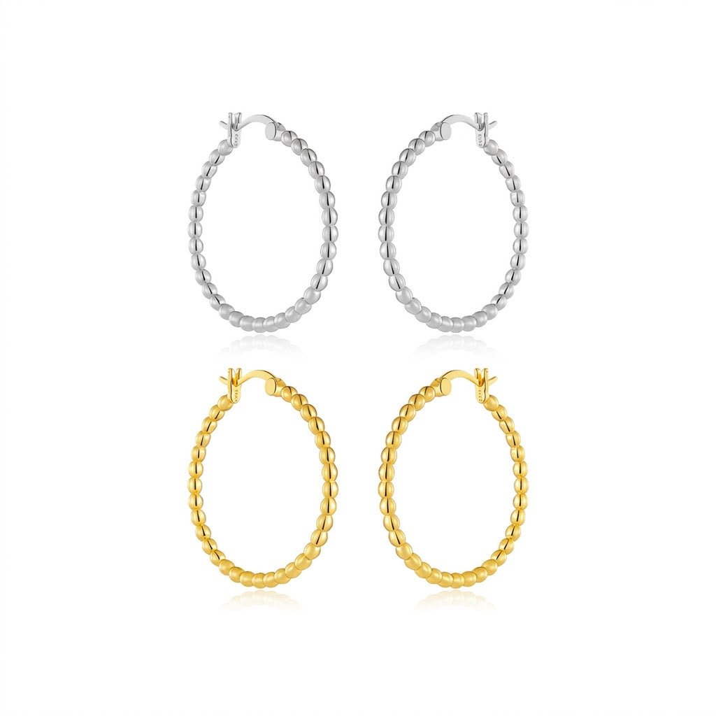 925 Sterling Silver 32mm Beaded Hoop Earrings 60400038