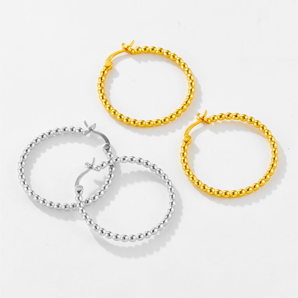 925 Sterling Silver 32mm Beaded Hoop Earrings 60400038