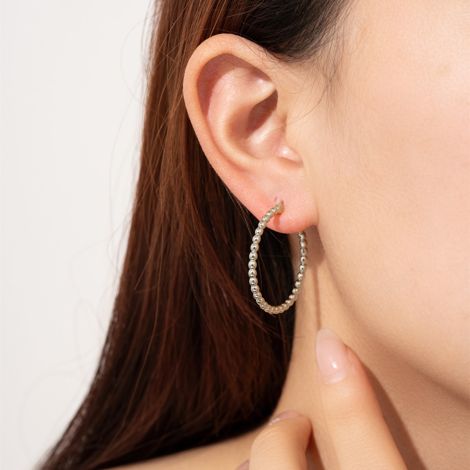 925 Sterling Silver 32mm Beaded Hoop Earrings 60400038