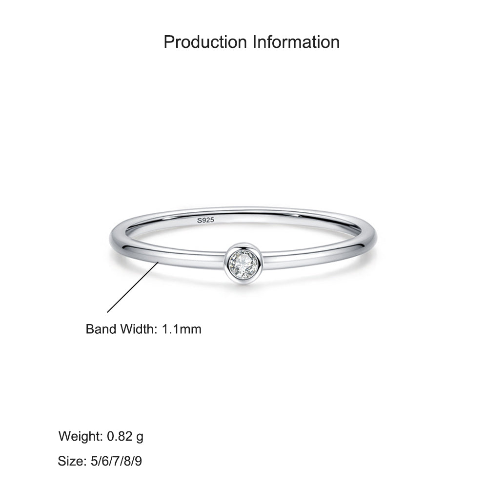925 Sterling Silver Minimalist Bezel-Set Zircon Stacking Ring 70100550
