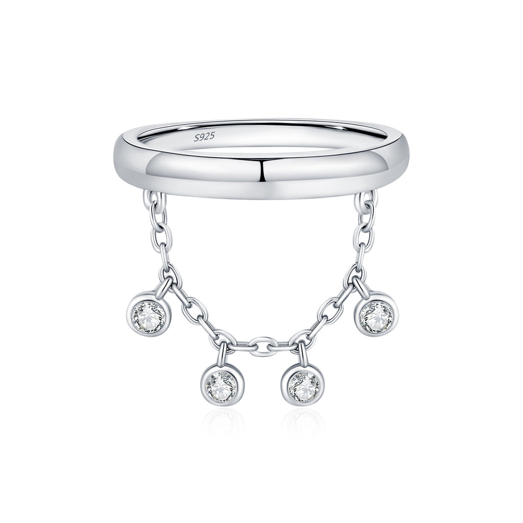 925 Sterling Silver Zircon Tassel Chain Stacking Ring 70100601