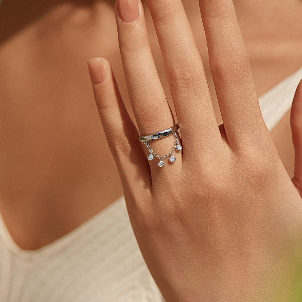 925 Sterling Silver Zircon Tassel Chain Stacking Ring 70100601