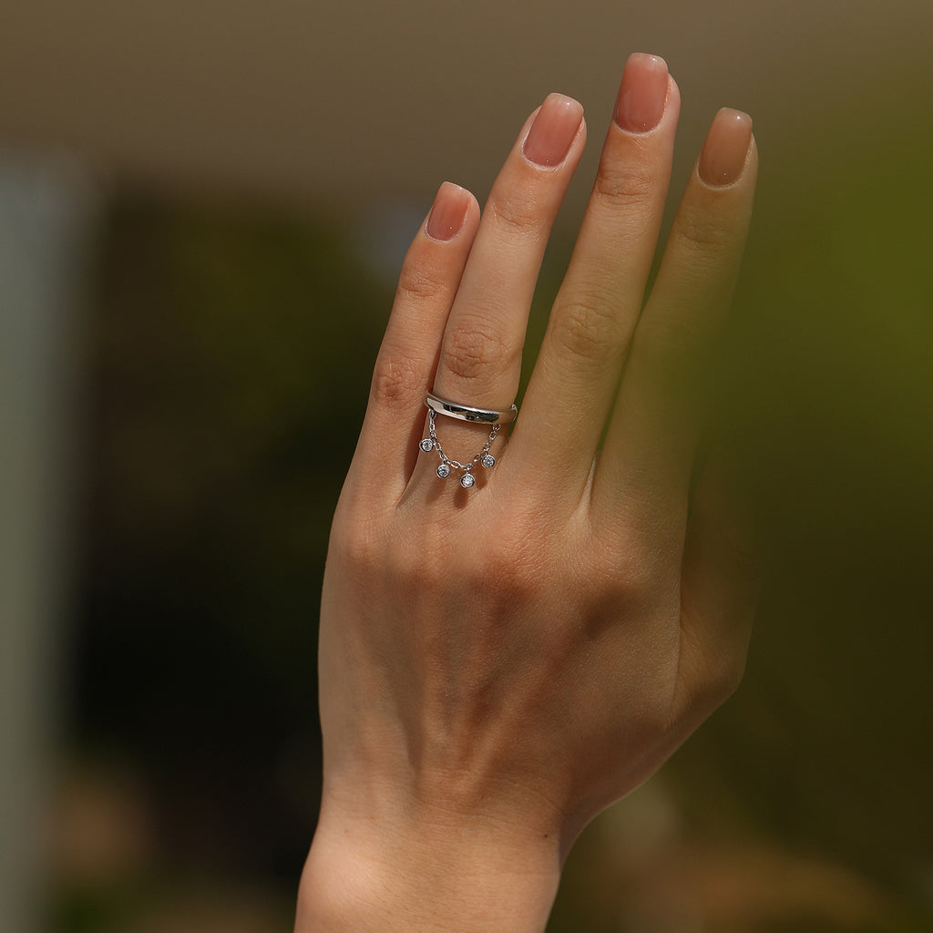 925 Sterling Silver Zircon Tassel Chain Stacking Ring 70100601