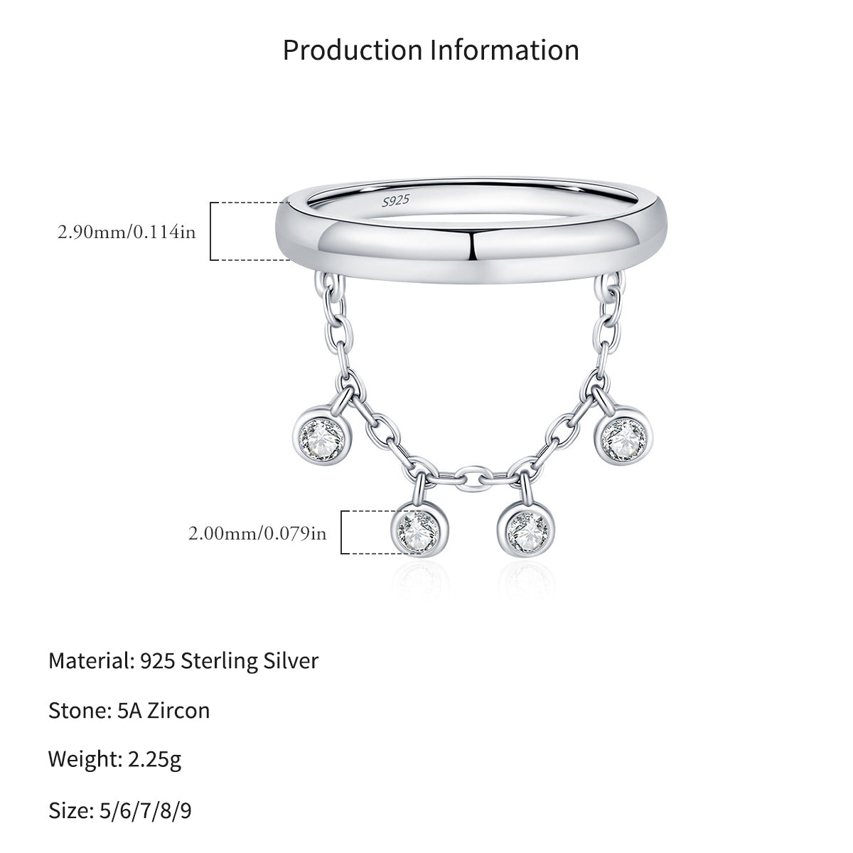 925 Sterling Silver Zircon Tassel Chain Stacking Ring 70100601