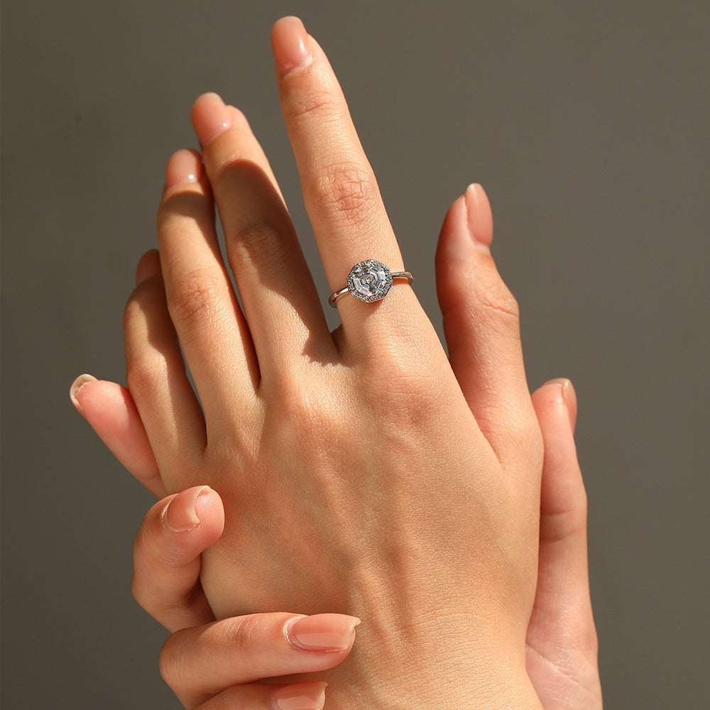 925 Sterling Silver Vintage Octagon CZ Halo Ring 70200378