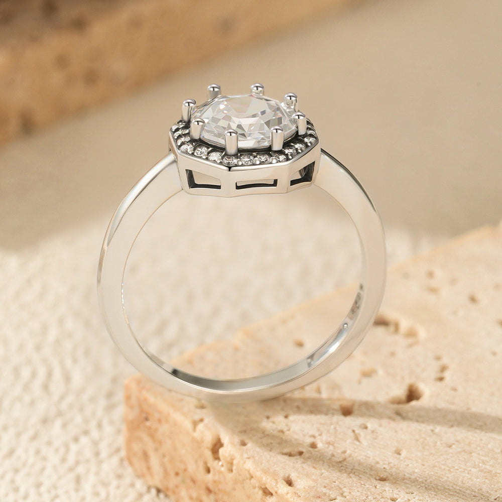925 Sterling Silver Vintage Octagon CZ Halo Ring 70200378