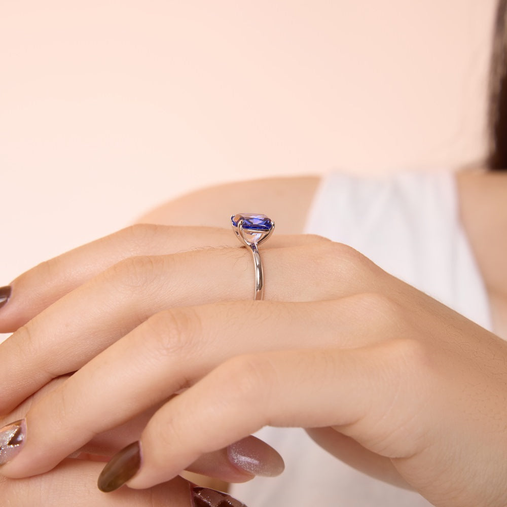 925 Sterling Silver Tanzanite Blue Cushion Cut CZ Solitaire Ring 70200387