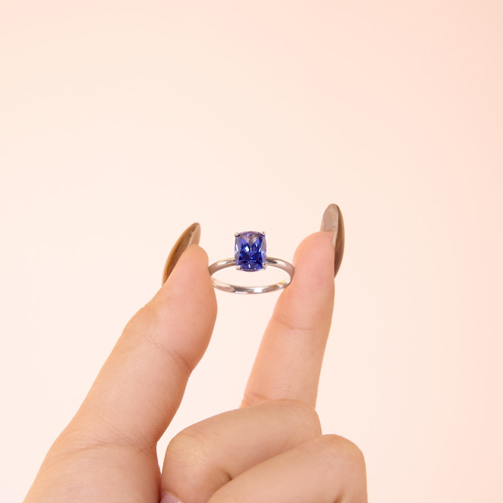 925 Sterling Silver Tanzanite Blue Cushion Cut CZ Solitaire Ring 70200387