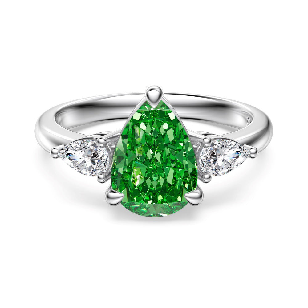 925 Sterling Silver Crushed Ice Green Pear CZ Three-Stone Ring 70200388