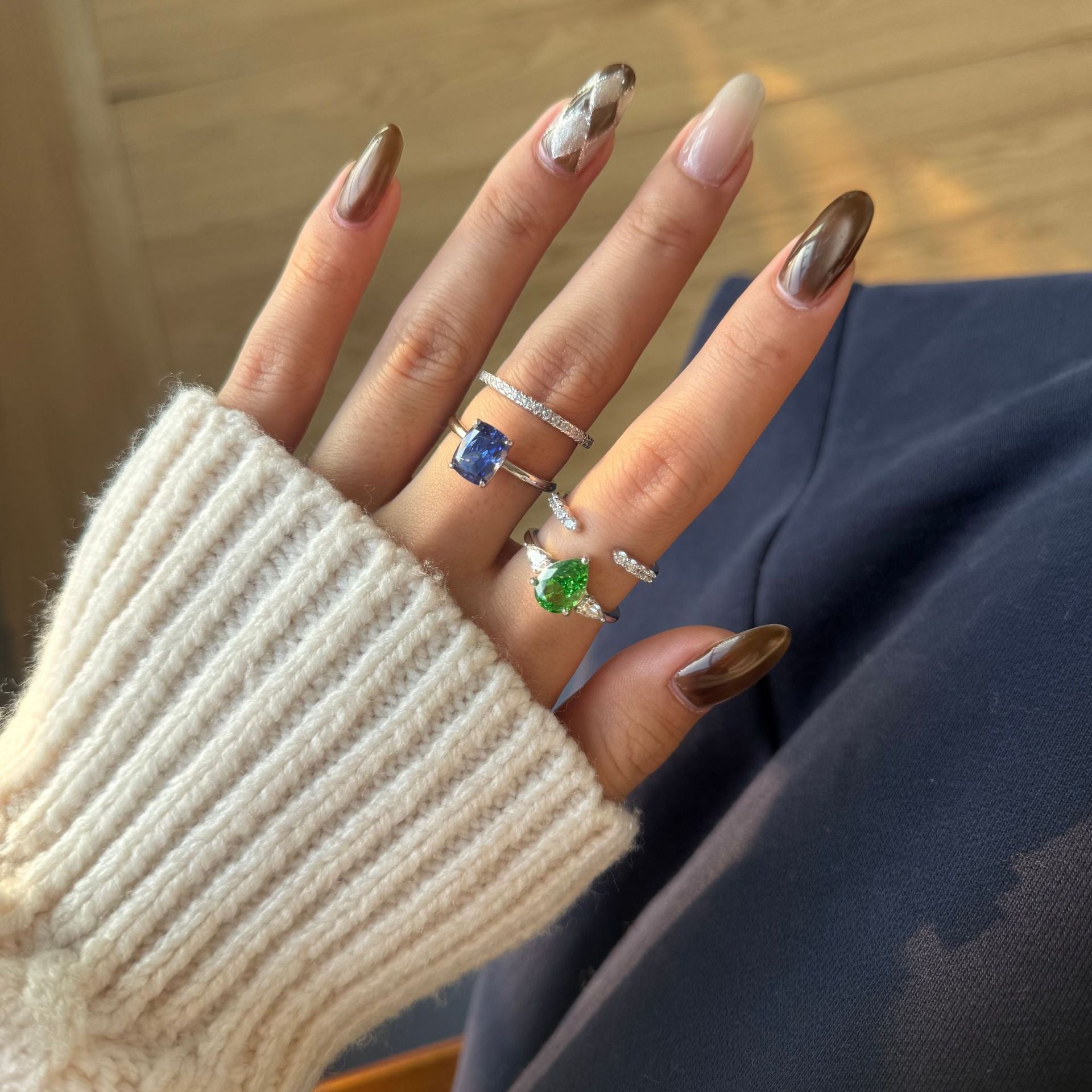 925 Sterling Silver Crushed Ice Green Pear CZ Three-Stone Ring 70200388