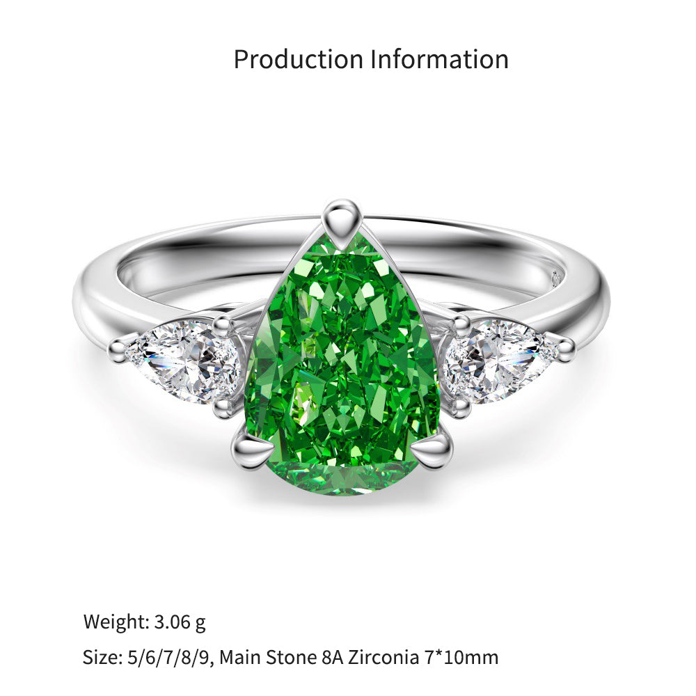 925 Sterling Silver Crushed Ice Green Pear CZ Three-Stone Ring 70200388