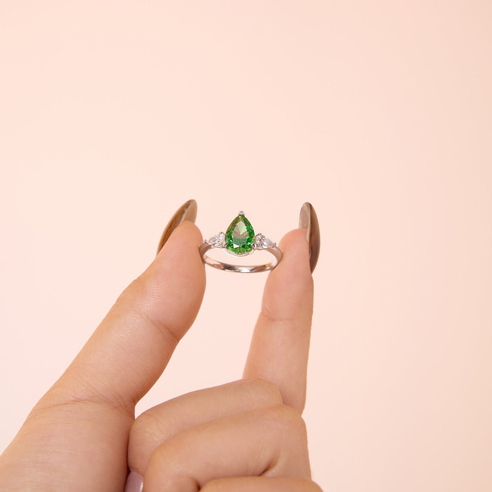 925 Sterling Silver Crushed Ice Green Pear CZ Three-Stone Ring 70200388