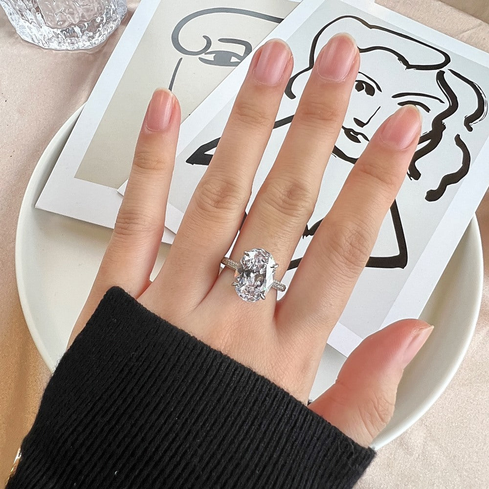 925 Sterling Silver Oval CZ Pave Band Solitaire Ring 70200397