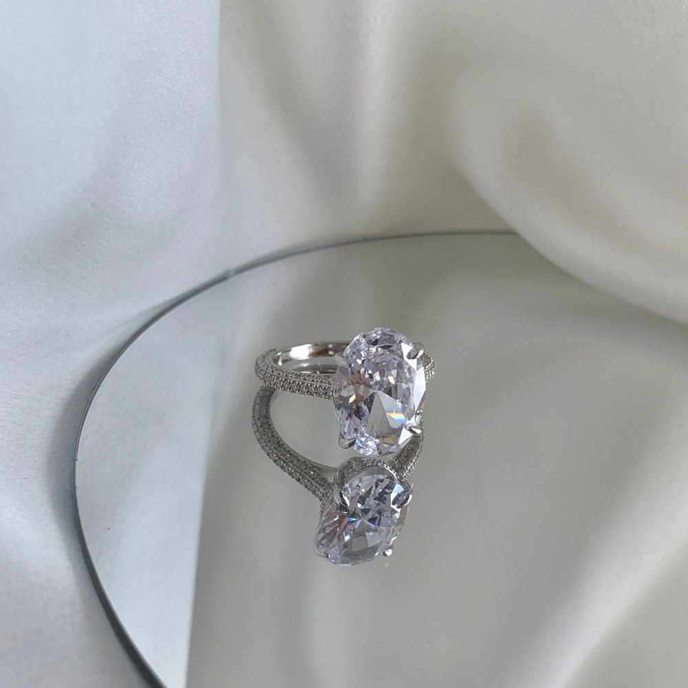 925 Sterling Silver Oval CZ Pave Band Solitaire Ring 70200397