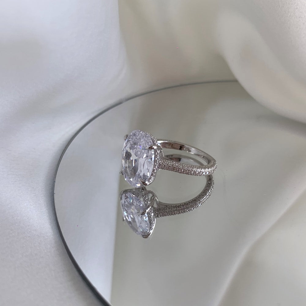 925 Sterling Silver Oval CZ Pave Band Solitaire Ring 70200397