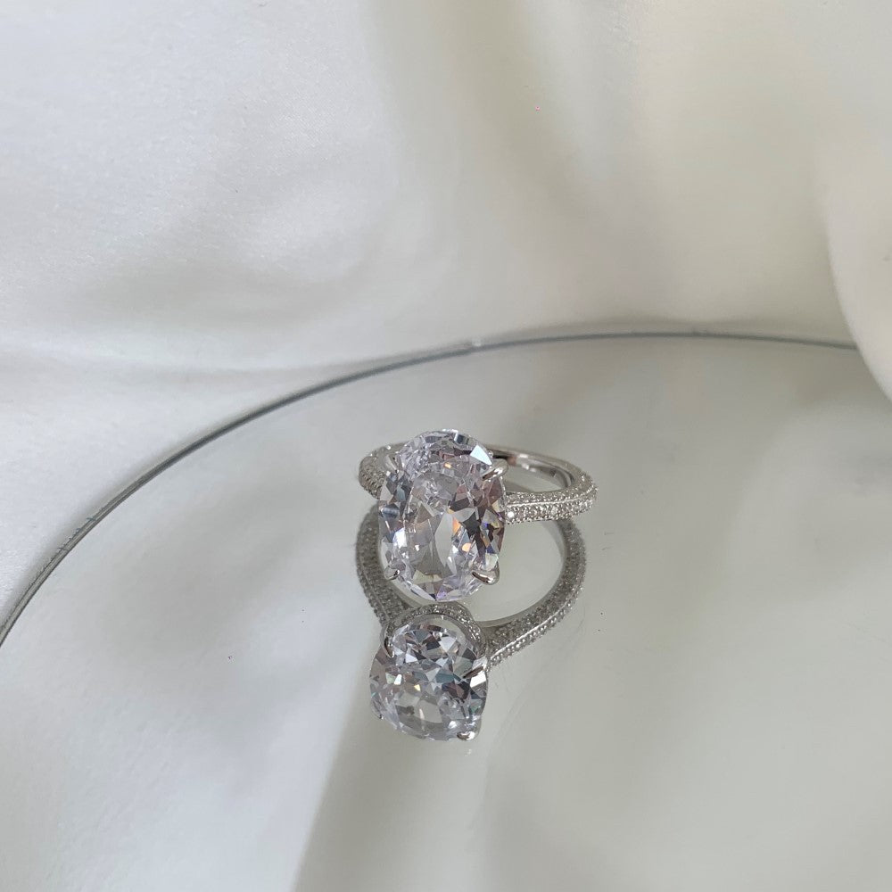 925 Sterling Silver Oval CZ Pave Band Solitaire Ring 70200397