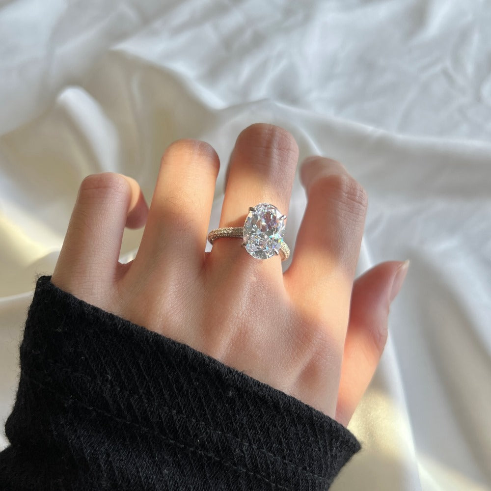 925 Sterling Silver Oval CZ Pave Band Solitaire Ring 70200397